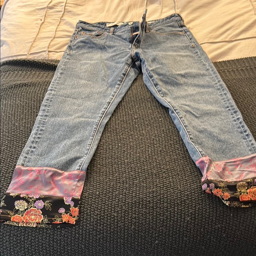 Pilcro Blue Jeans with Pink and Black Floral Cuffs